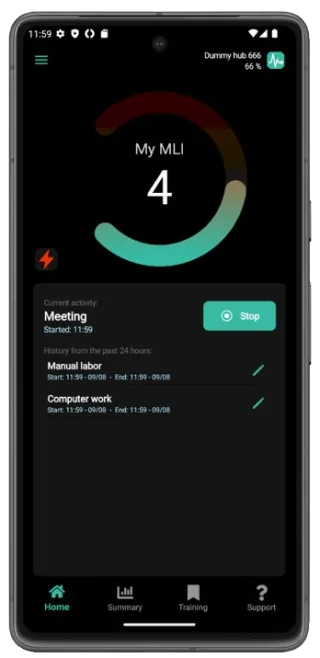 App home screen showing a personal MLI score of 4 and the current activity