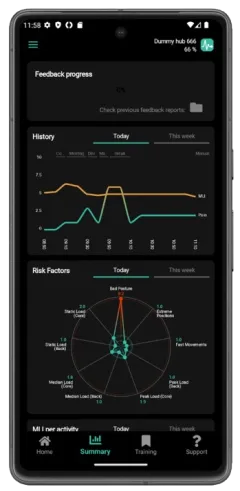 App summary with today's MLI and pain history and a radar chart of risk factors